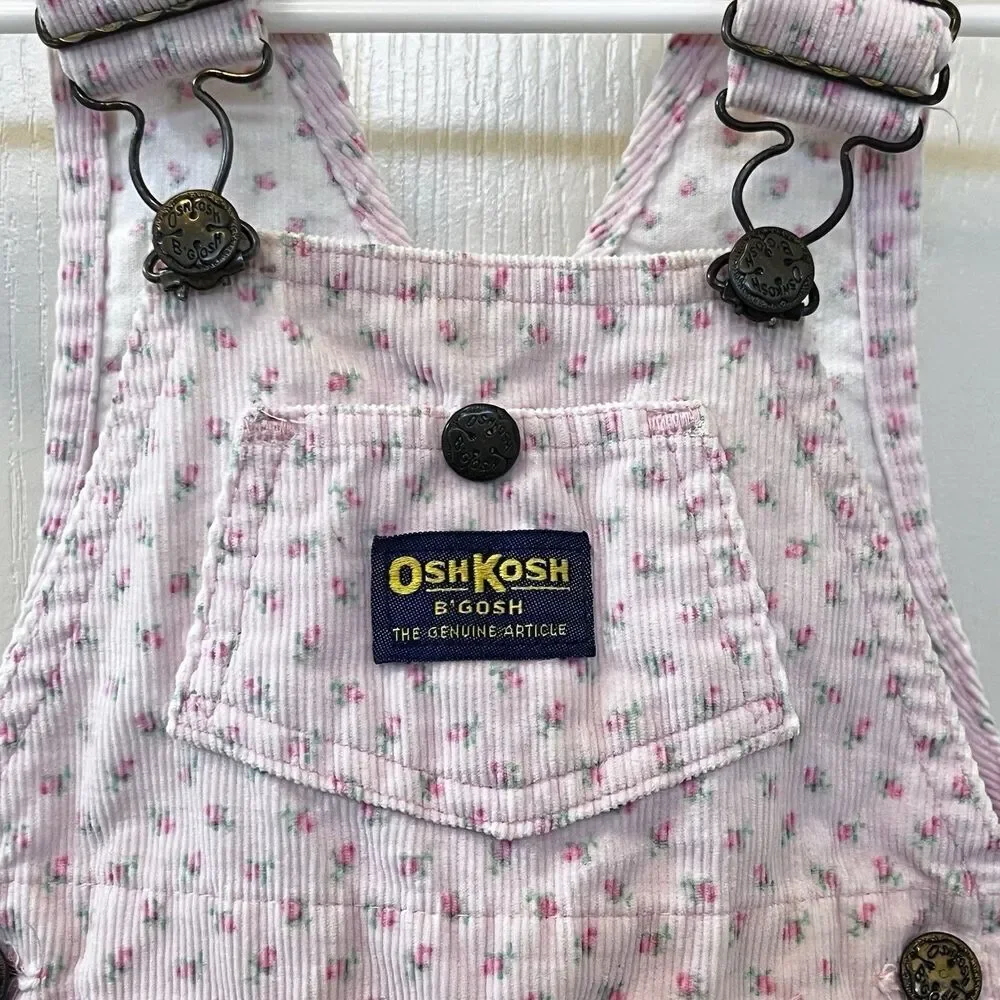 Vintage Oshkosh B'gosh Pink Rosebuds Corduroy Overall Dress Jumper Girls